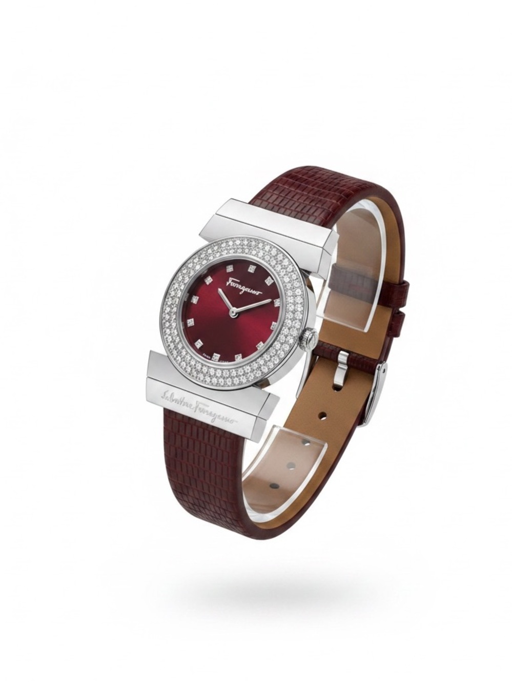 Salvatore Ferragamo Burgundy Lizard Leather & diamond Bezel Ladies Watch